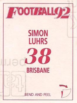 1992 Select AFL Stickers #38 Simon Luhrs Back